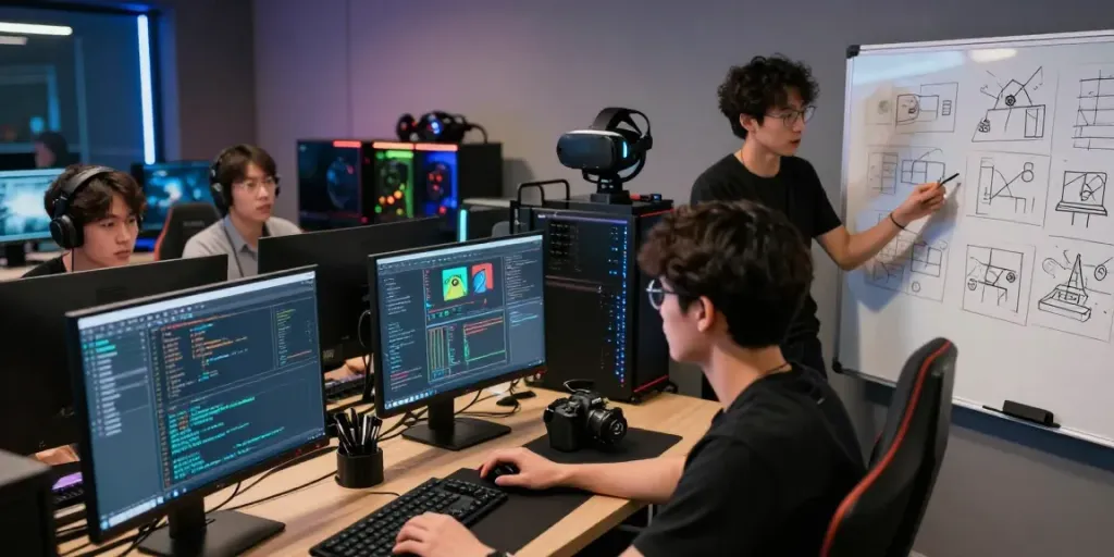 Dynamic gaming studio showcasing bos88 development with analytics and collaboration.