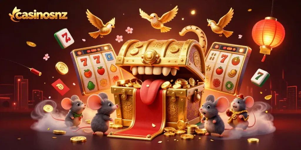 Engage with casinosnz by playing games at a vibrant treasure-filled casino scene.