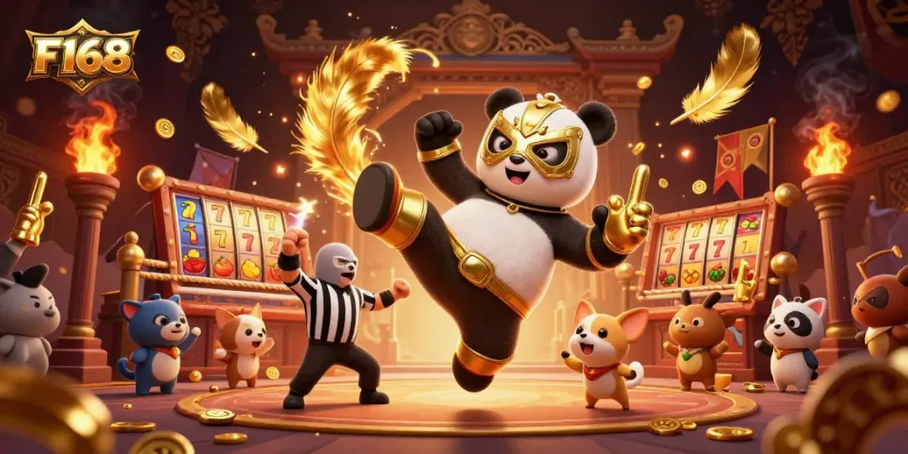 F168 offers thrilling casino action as a panda wrestler kicks amidst lively slot reels and cheering fans.