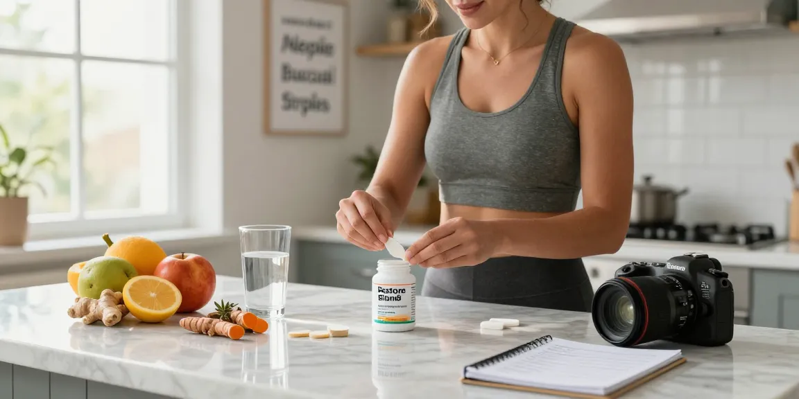Health enthusiast preparing NAD+ benefits with Restore Blend Peptide Buccal Strips in modern kitchen.