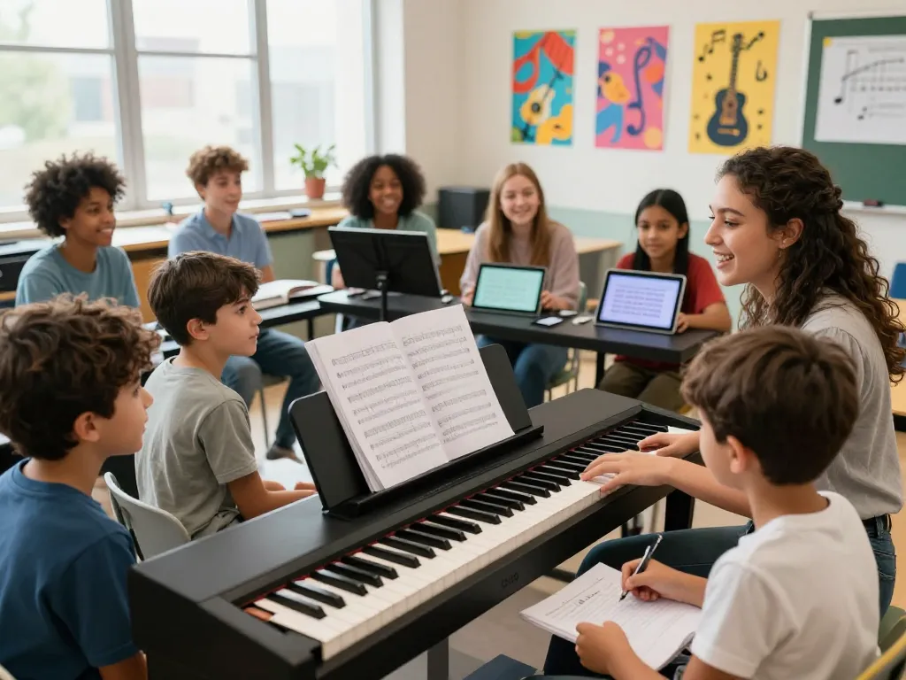 Students engaging with the GO 88 digital piano in a vibrant classroom, learning music fundamentals.