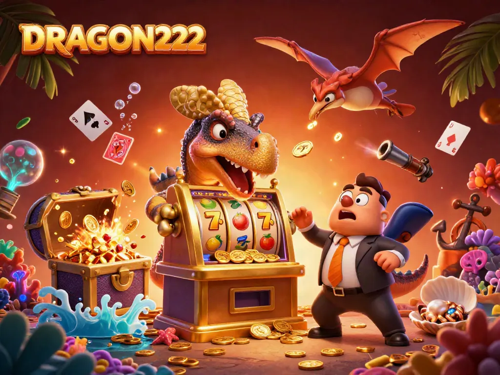 Experience exciting wins at DRAGON222 with a dinosaur-themed jackpot game illustration.