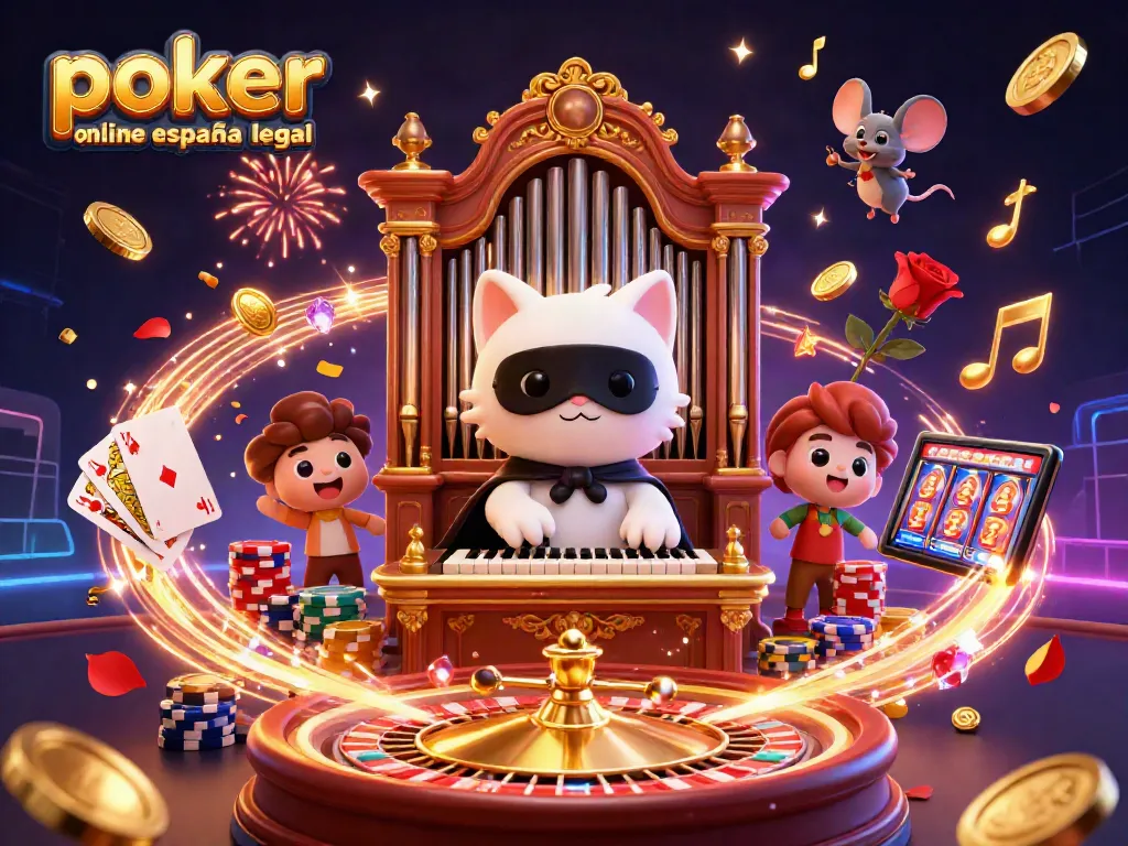 Juega al póker online en España legal en un vibrante escenario de casino con un gato y un ratón acrobático.