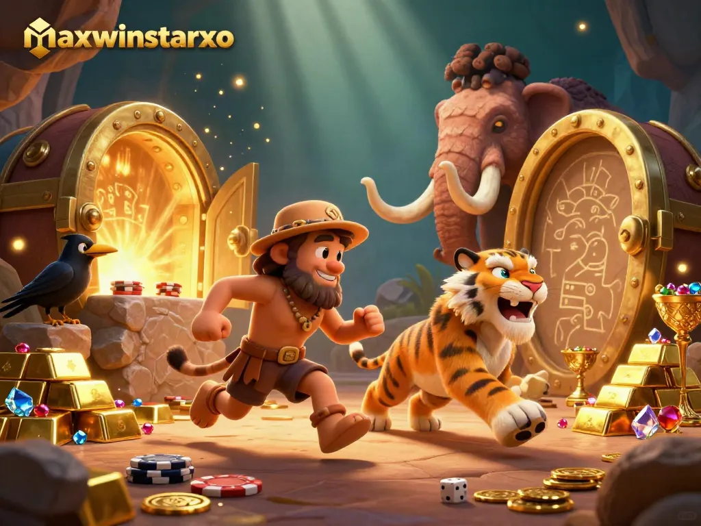 Engage with maxwinstarxo's vibrant prehistoric casino scene featuring dynamic characters and rich gold treasures.