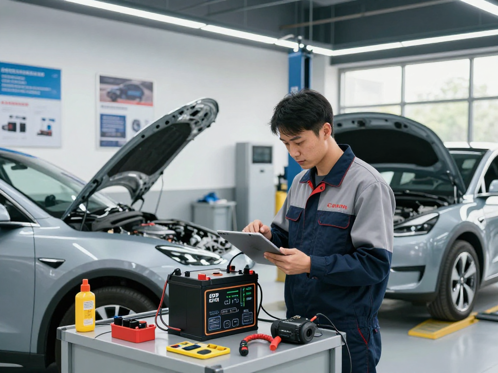 Technician analyzing an EPB Battery in a professional automotive workshop