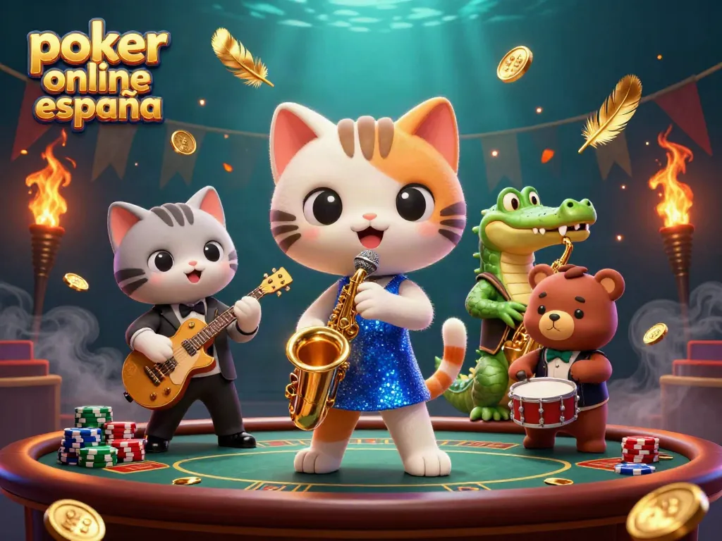 Juega poker online España con un gato cantante y un cocodrilo saxofonista en un casino vibrante.