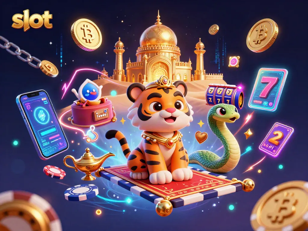 Spin slots with enchanting tiger sultan and magic lamp in vibrant desert scene.