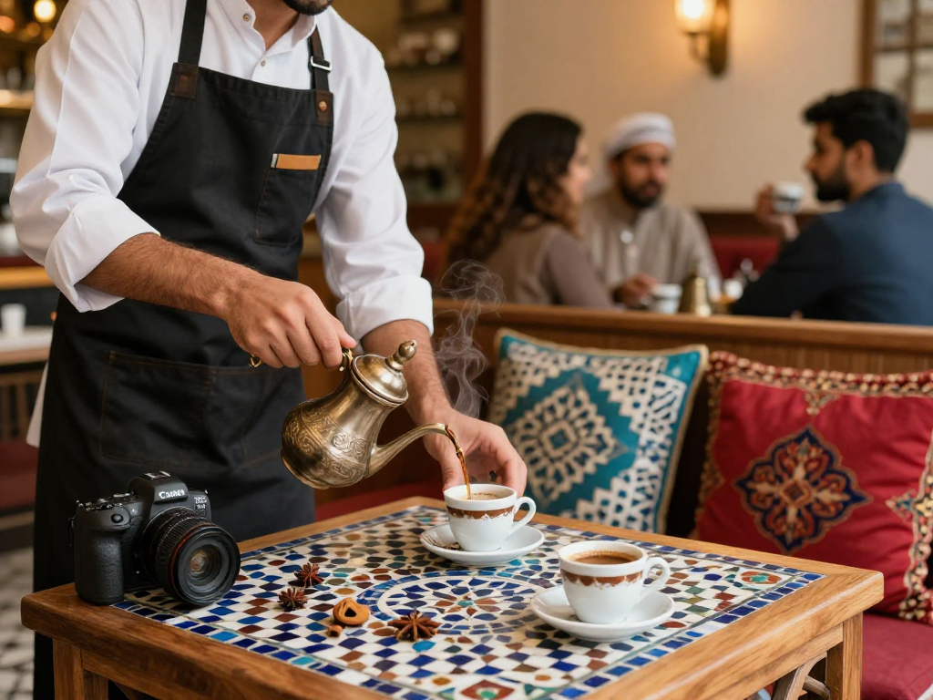 قهوجي وصبابين يقدمون القهوة العربية التقليدية بأجواء دافئة ومريحة.