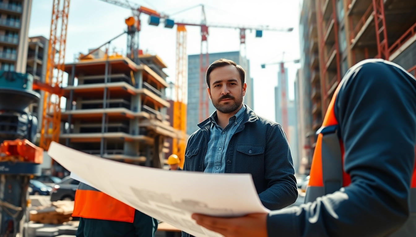 Manhattan Construction Manager supervising a busy construction site with blueprints.