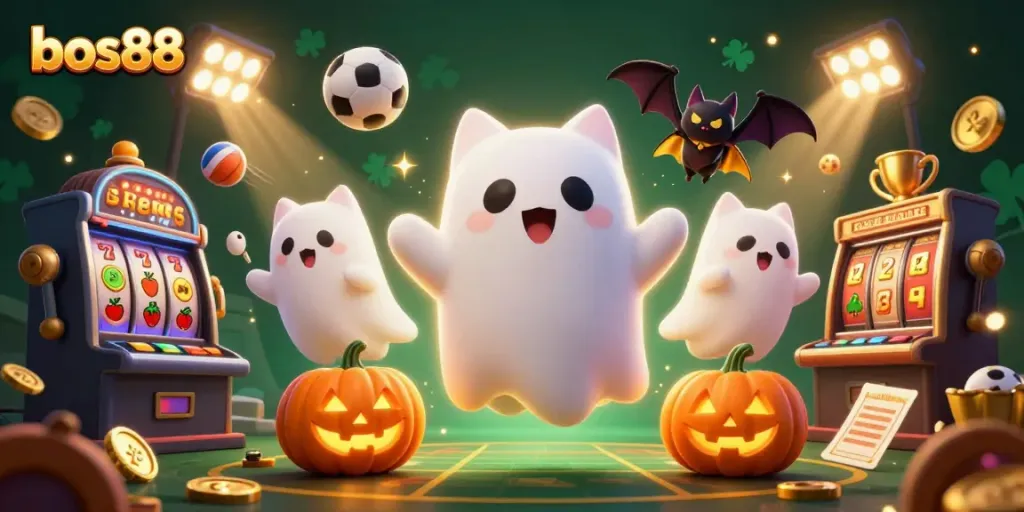bos88 menghadirkan kucing hantu kartun di kasino berhantu dengan elemen permainan slot yang menarik