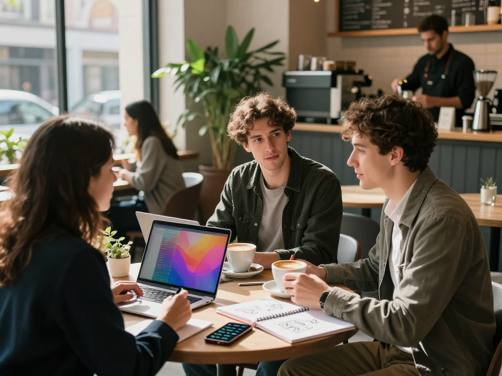 Rokok88 lifestyle scene with young professionals discussing ideas in a trendy café setting.