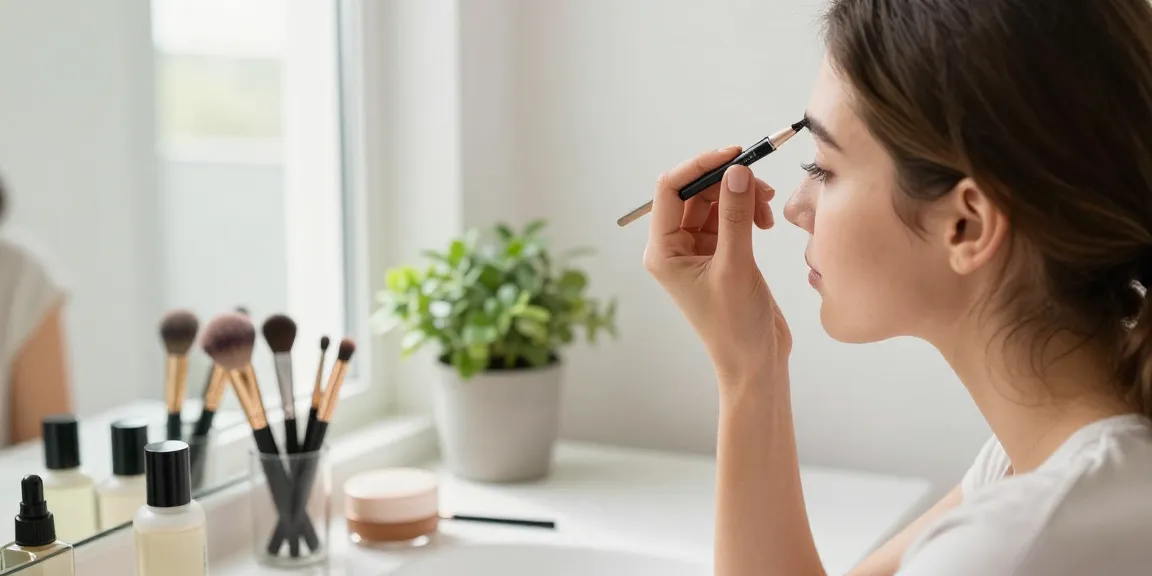 Woman applying eyebrow pen in a bright bathroom, showcasing beauty essentials.