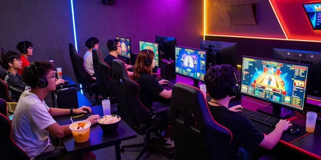 Exciting multiplayer gaming scene showcasing mpo88asia with players immersed in action, colorful lights, and high-res displays.