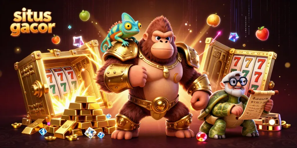 Situs gacor showcases a powerful gorilla king, a chameleon companion, and a wise tortoise in a treasure-filled casino setting.