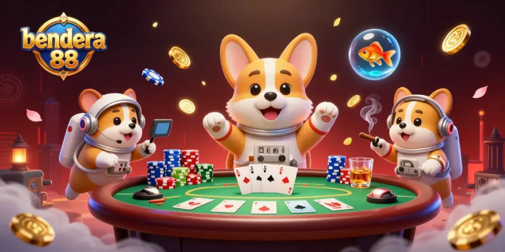 Permainan bendera 88 dengan corgi astronaut, chip poker, dan atmosfer kasino luar angkasa.