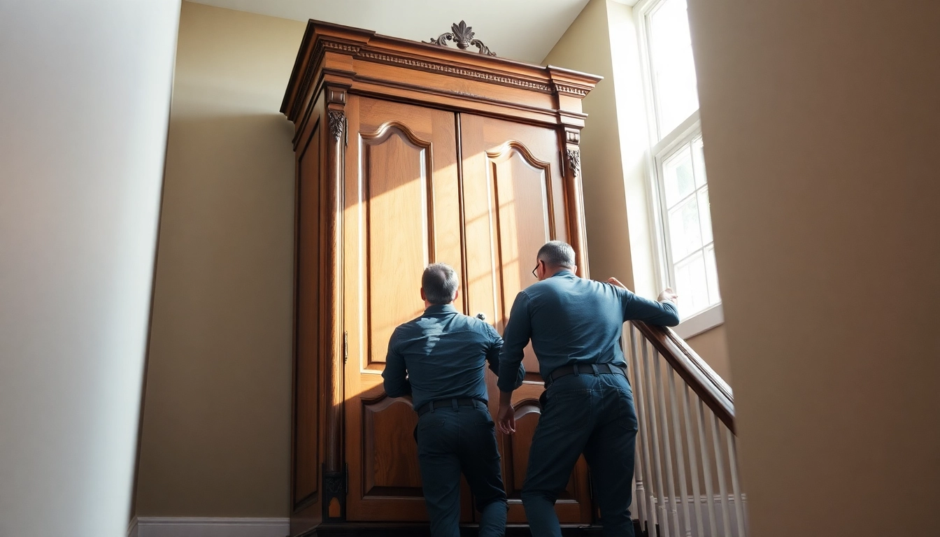 Movers in Boston expertly handling a large antique wardrobe during a challenging residential move.
