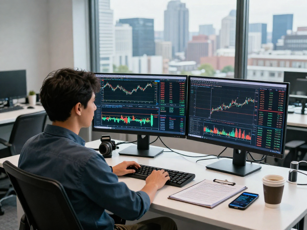 Trader analyzing financial charts on MetaTrader 5 platform in a modern office environment.