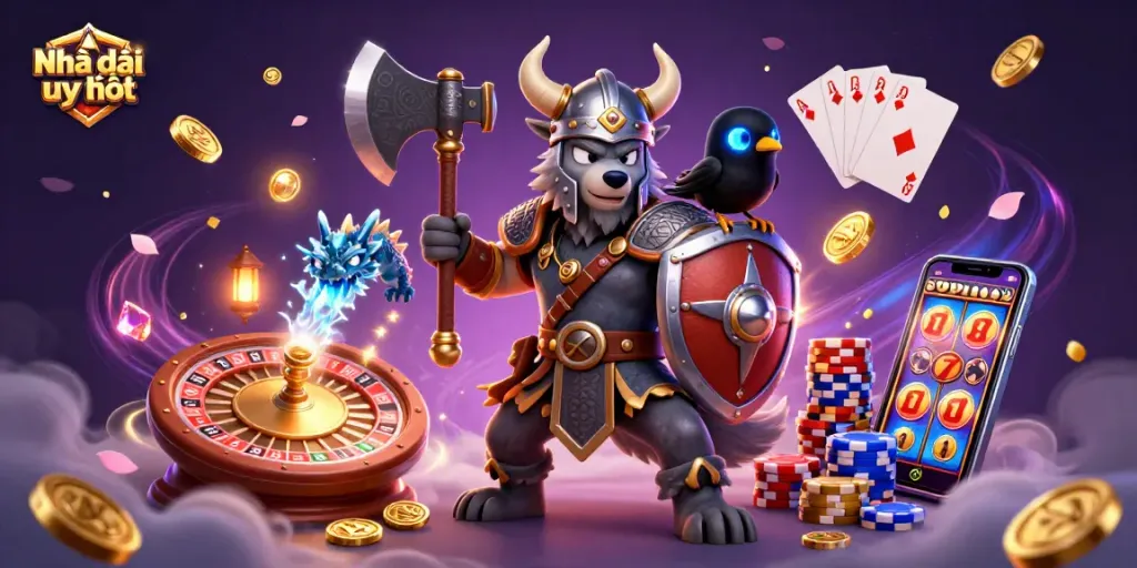 Experience the thrill of Nhà cái uy tín with a captivating, action-filled 3D casino illustration!