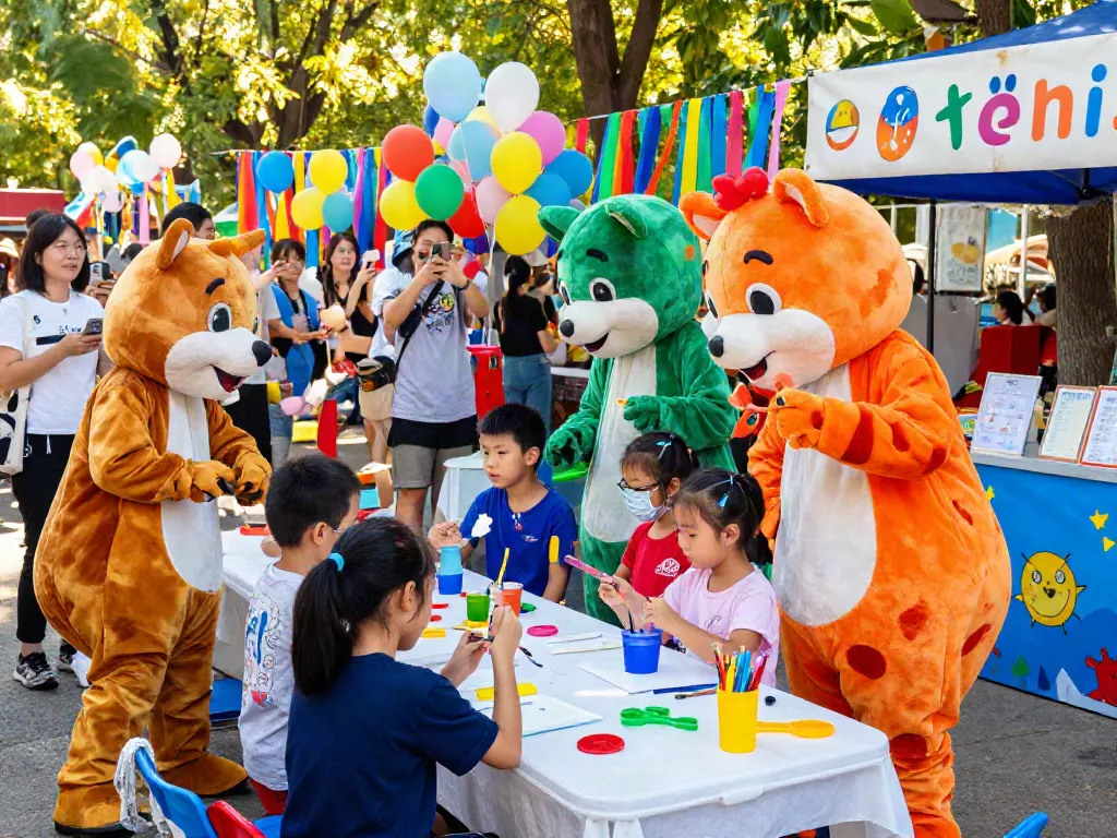 Children enjoying a carnival in colorful mascot costumes, highlighting joy and creativity.