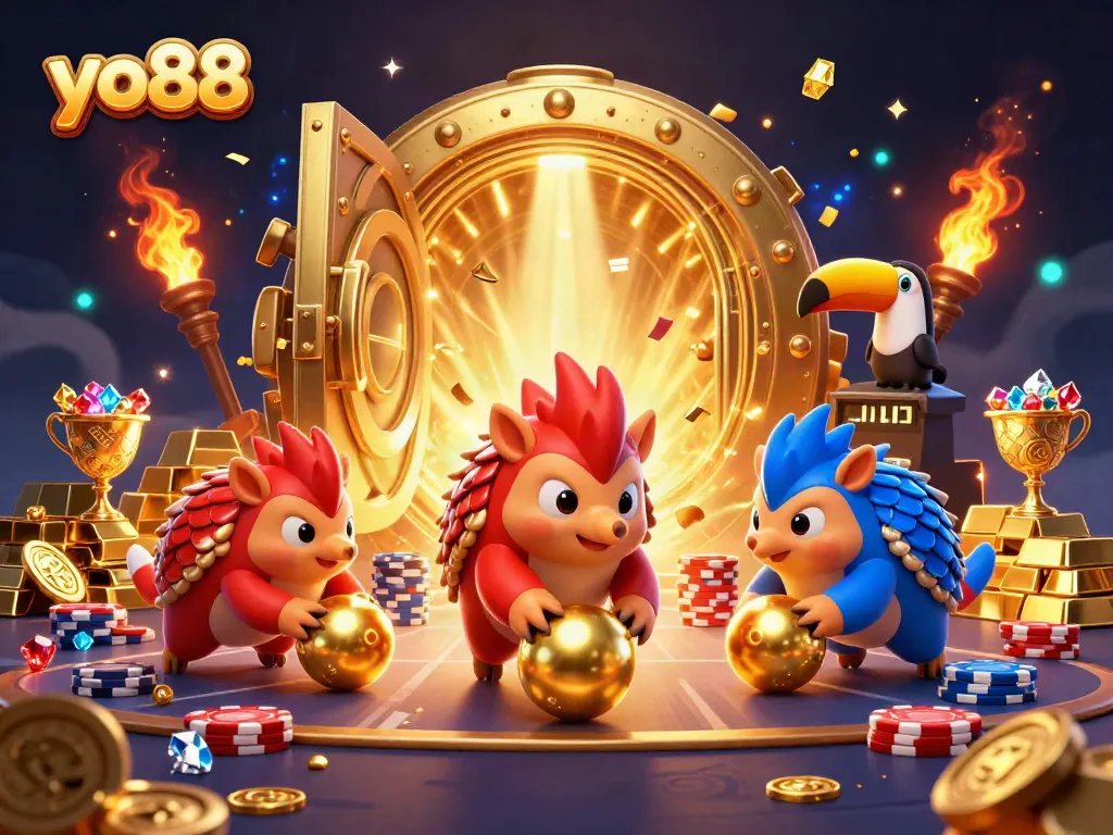 yo88 pangolins bowling through poker chips, showcasing vibrant casino excitement
