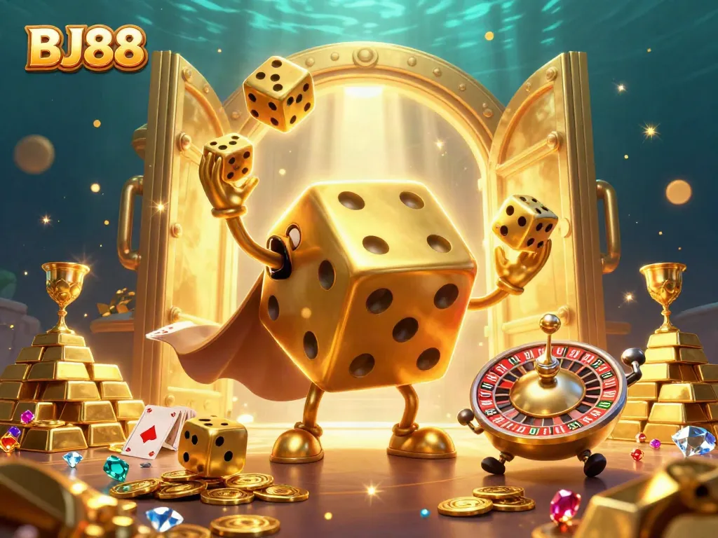 Engage with exciting betting at BJ88 with a vibrant 3D casino illustration showcasing dynamic gaming elements.