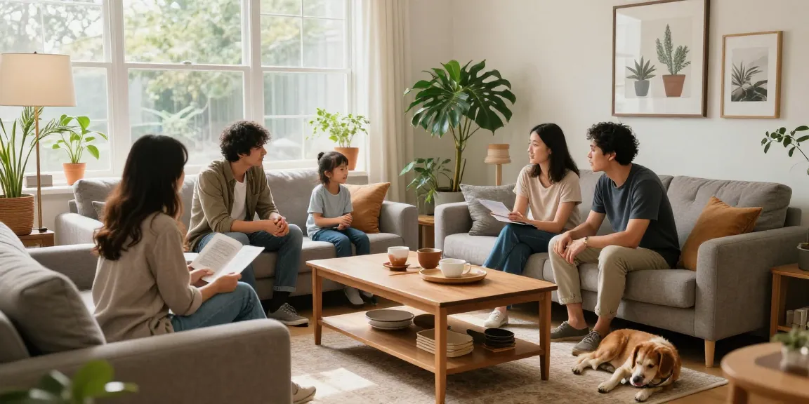 شراء اثاث مستعمل بالرياض with family evaluating pre-owned furniture in cozy living room.