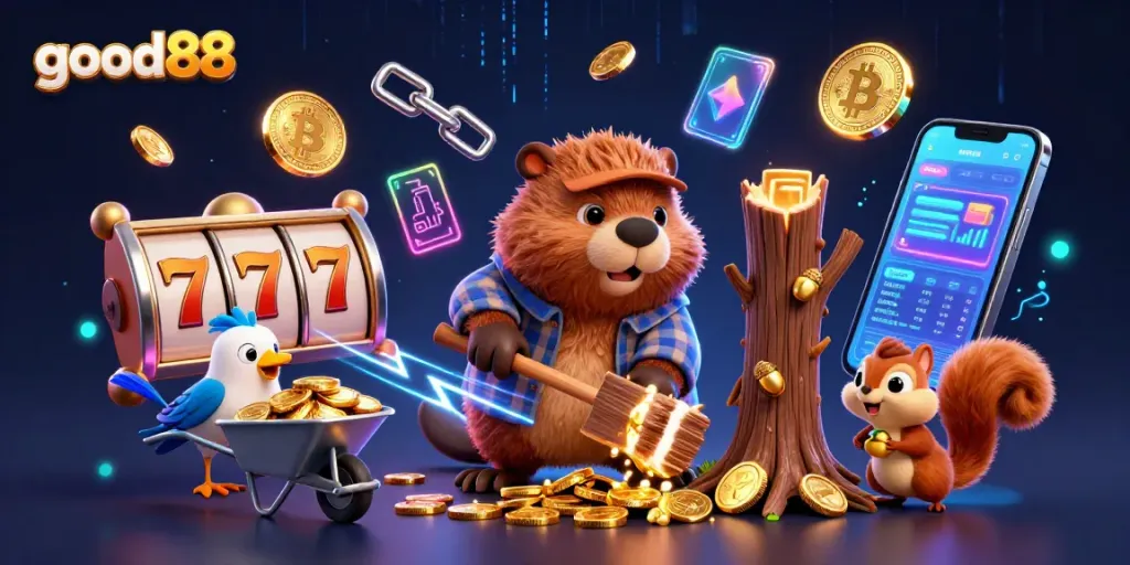 Good88 players winning big with a lively 3D casino scene filled with gold coins, slot reels, and vibrant characters.