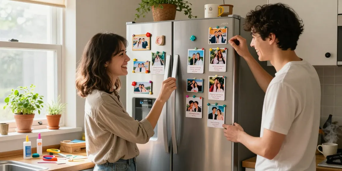 Fridge magnets showcasing family memories and wedding save-the-dates in a bright kitchen.