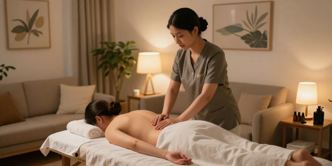 출장마사지 in a serene home atmosphere with a professional therapist providing service.