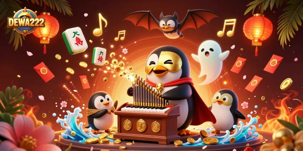 Experience the thrill of gaming with DEWA222 as the penguin plays music, shooting coins in a lively casino ambiance.