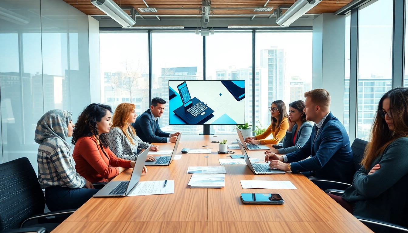 Digital marketing company team collaborating in a modern office, showcasing synergy and creativity.