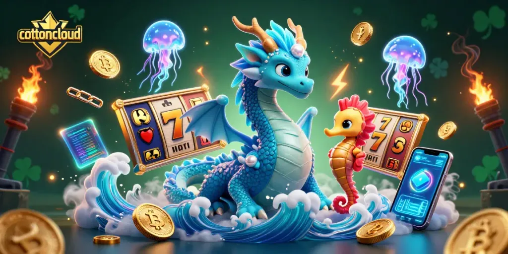 Spin your luck with cottoncloud in a vibrant casino scene featuring dragons, knights, and neon elements.
