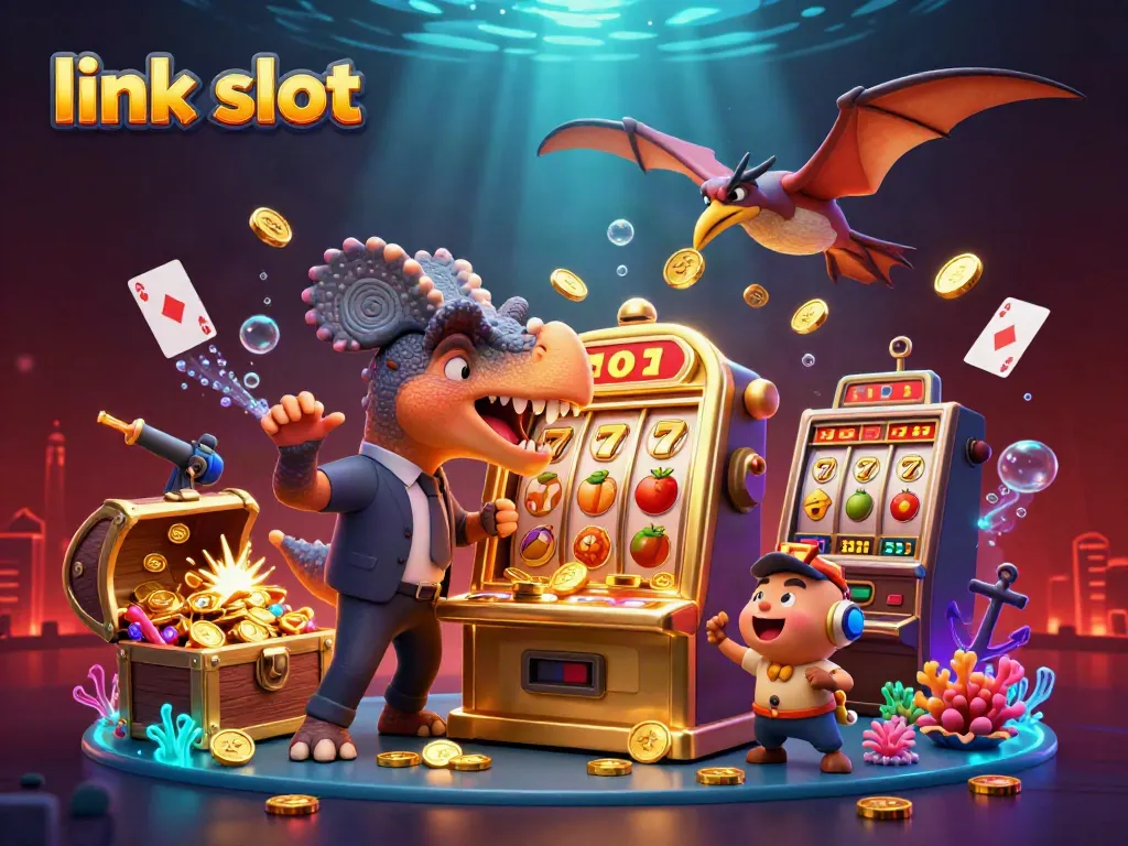 Bermain dengan slot gacor menggunakan link slot, dinosaurus kartun mengacak mesin slot penuh koin emas.