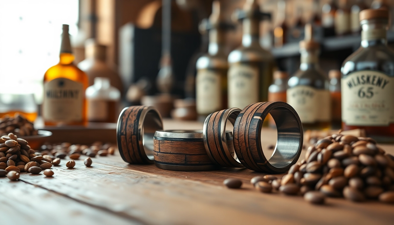 Showcase of Whiskey Barrel Wedding Bands highlighting unique wood grains and craftsmanship.