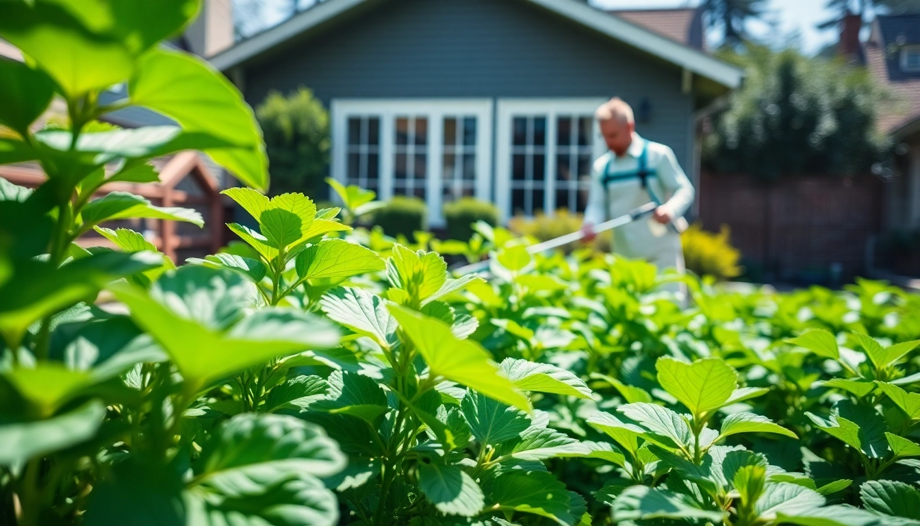 Pest control services technician applying eco-friendly treatments in a home garden.