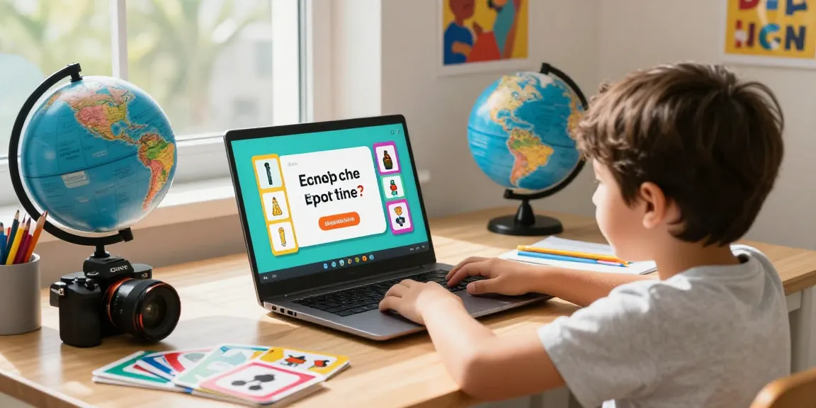 Child engaging in English online for kids lesson in a vibrant virtual classroom setting, surrounded by educational tools.