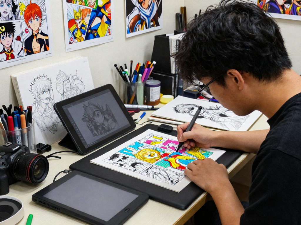 Engaging manga artist creating vibrant content on https://hitomi-mangaraw01.com/ in a lively studio.