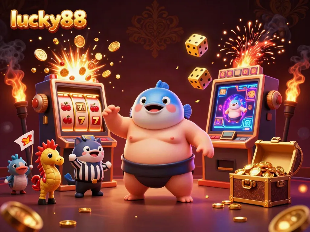 Experience the thrill of lucky88 with a vibrant underwater casino scene featuring a puffed fugu amidst a jackpot explosion.