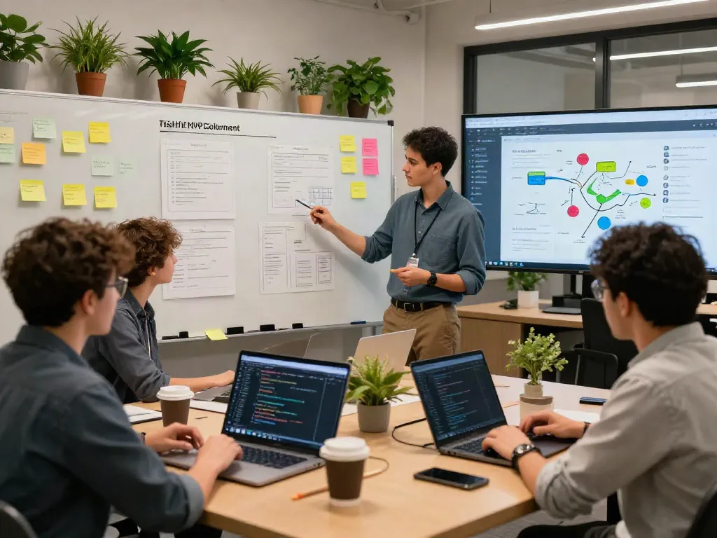Team collaborating on mvp development service concepts in a modern co-working space.