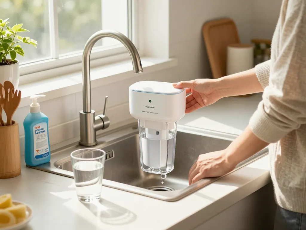 Waterdrop Plus WDP-F19C Replacement for GE® RPWFE® water filter showcased in a bright kitchen setting, illustrating its quality and clarity.