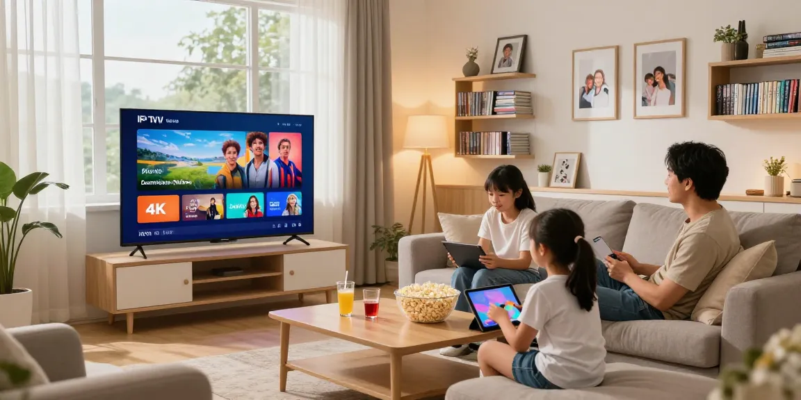 Gezin geniet van een IPTV abonnement in een gezellige woonkamer met 4K-inhoud op TV.
