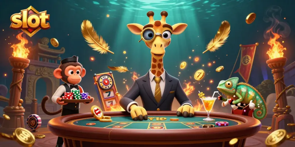 Engaging slot scene featuring a high-roller giraffe, a monkey valet, and a chameleon bartender.
