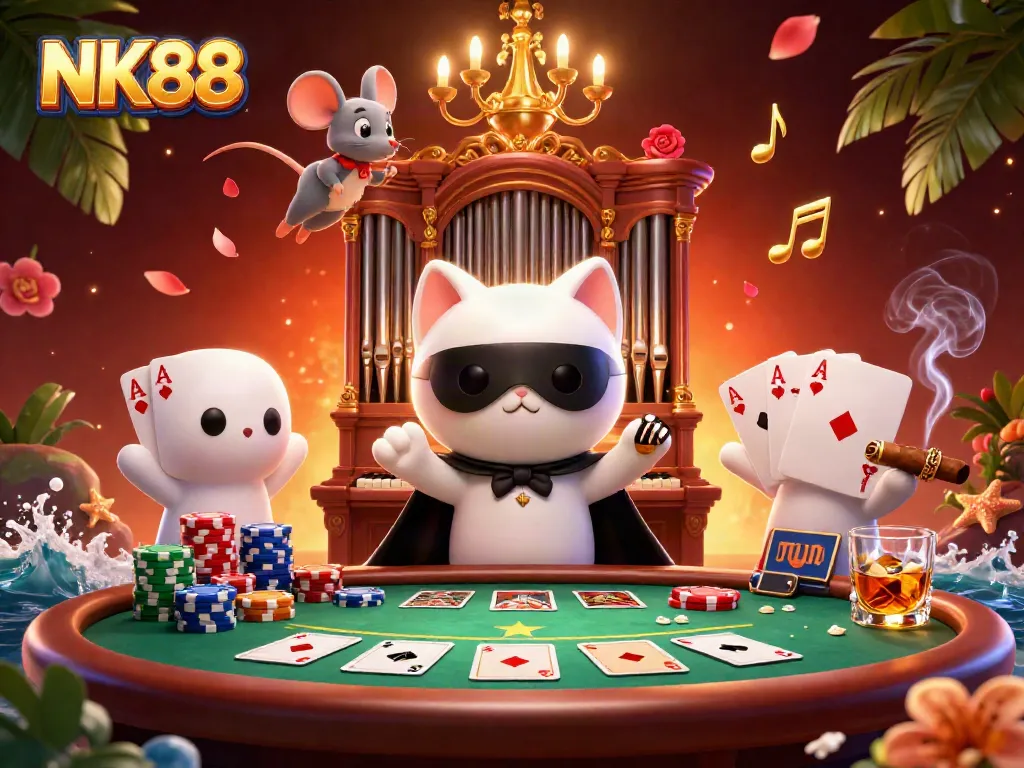 Spin for wins at NK88 with a vibrant casino scene featuring a mystical cat and acrobat.