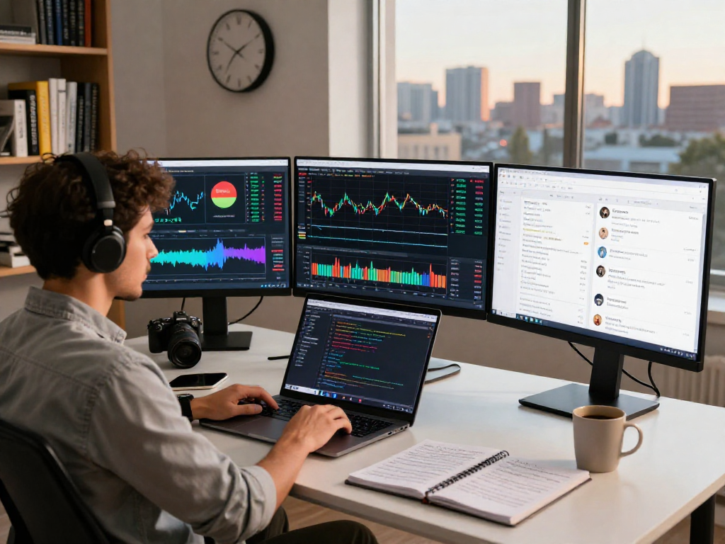利用TradingView进行实时金融分析的交易员在现代办公环境中查看股票、外汇和加密货币的动态图表。