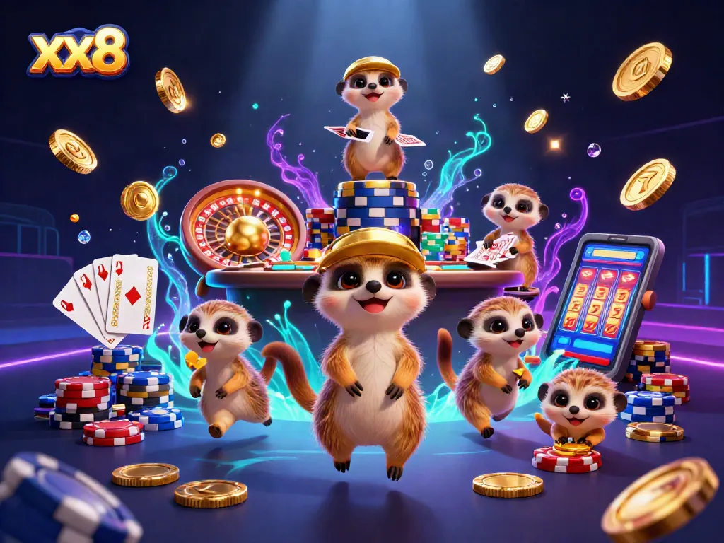 Meerkats orchestrating an animated casino scene with xx8 branding, showcasing excitement and wins.