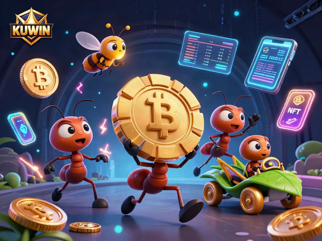 Experience the thrill of KUWIN with cartoon ants pulling off a heist surrounded by vibrant crypto elements.