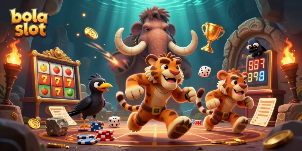 Bola slot dynamic scene with caveman and tiger at a prehistoric casino featuring slot reels and trophies.