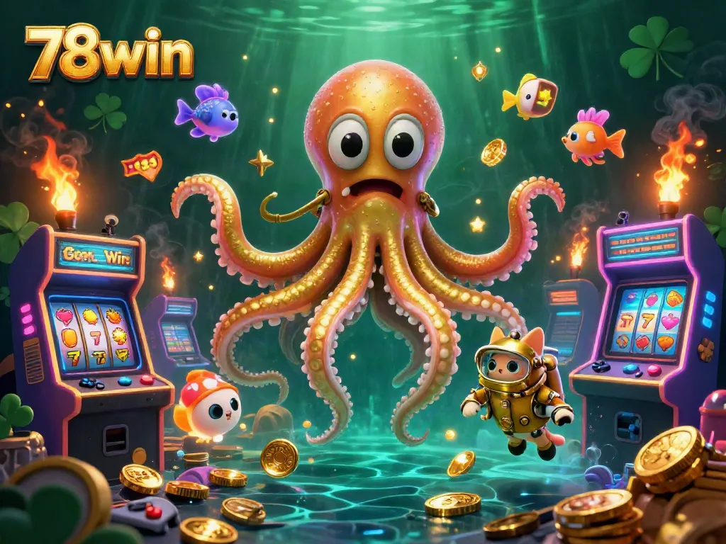 Engage with the thrilling world of 78win as a colossal kraken leads a vibrant arcade filled with gold.