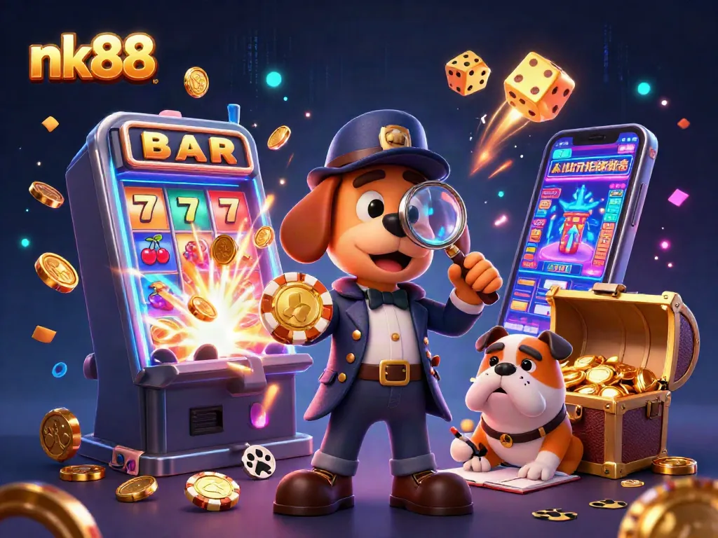 nk88 unleashing excitement with a dog detective and slot machines in a vibrant casino scene