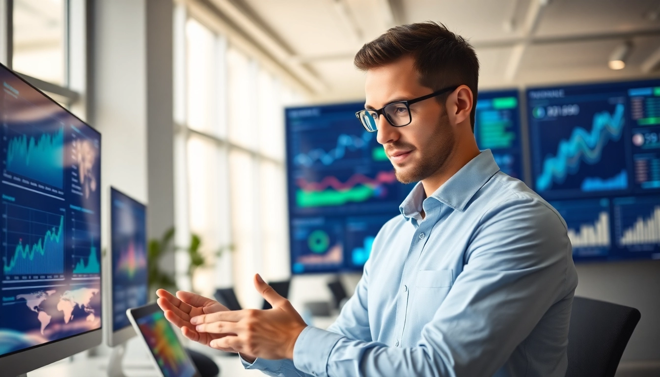Data analyst utilizing AI for competitive intelligence insights in a modern office.